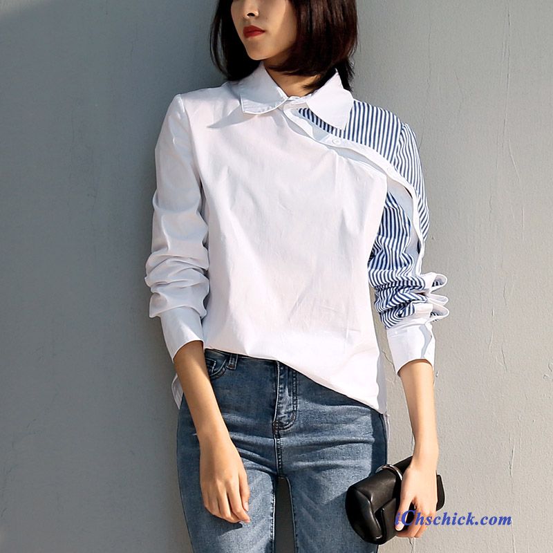 Bekleidung Blusen Spleißen Entwurf Feder Streifen Unregelmäßig Blau Weiß Online