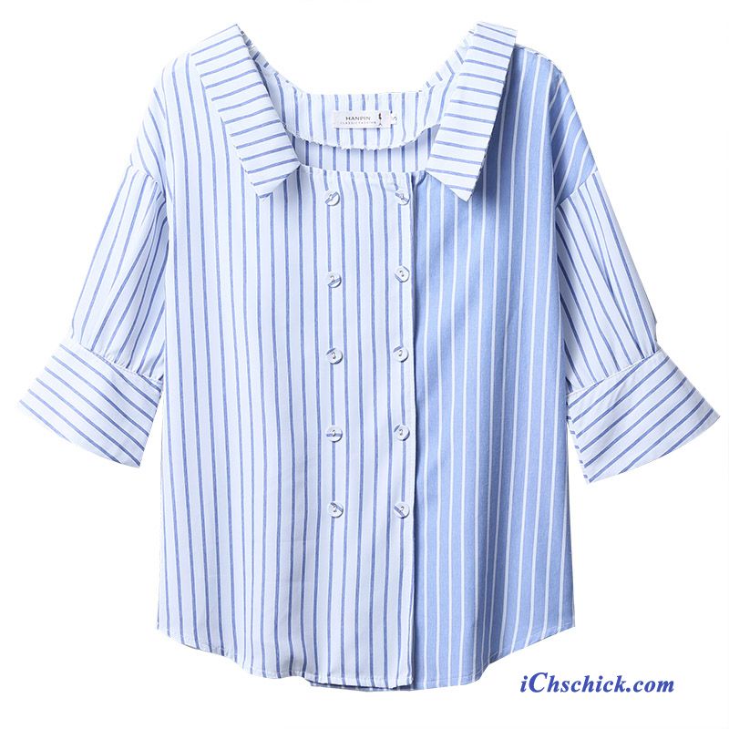 Bekleidung Blusen Streifen Lose Doppel Breasted Freizeit Mantel Blau Kaufen