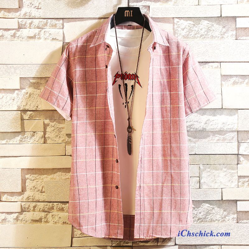 Bekleidung Hemden Gitter Gut Aussehend Trend Schlank Hülse Rosa Sale