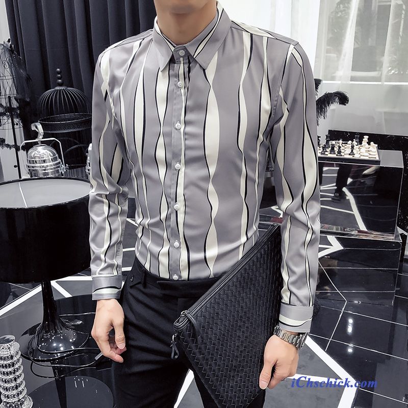 Bekleidung Hemden Herren Streifen Mode Lange Ärmel Feder Grau Kaufen