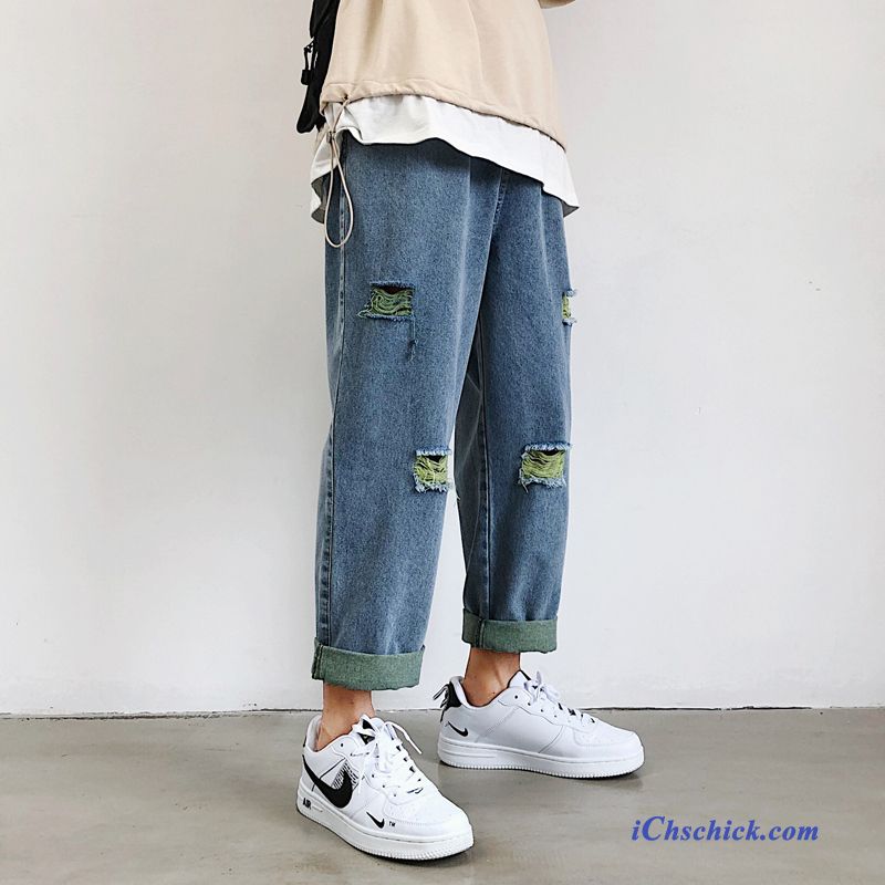 Bekleidung Jeans Allgleiches Große Größe Persönlichkeit Lose Löcher Grün Kaufen