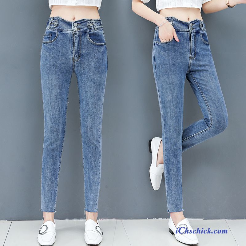 Bekleidung Jeans Damen Dünn Neu Feder Allgleiches Blau Sale