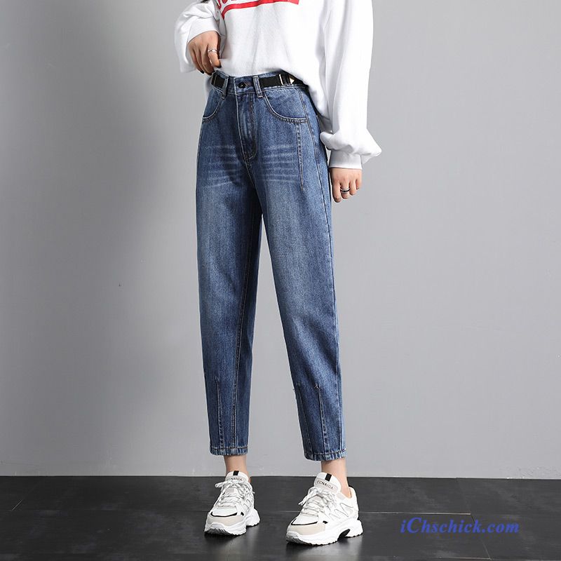 Bekleidung Jeans Damen Hohe Taille Dünn Gerade Trend Dunkelblau Billige