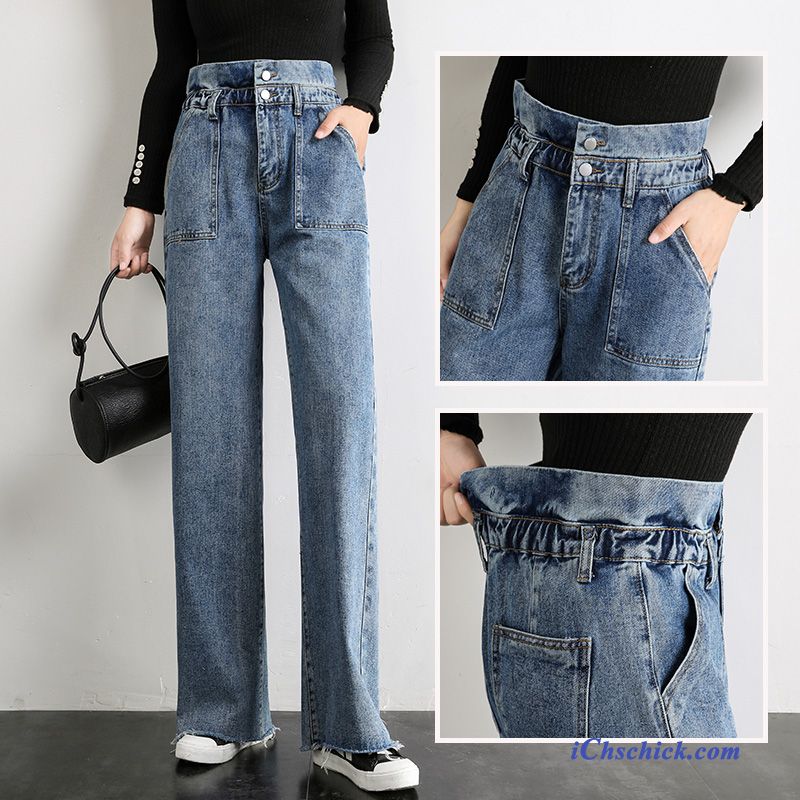 Bekleidung Jeans Damen Lose Hohe Taille Plus Länge Gerade Blau Rot Kaufen