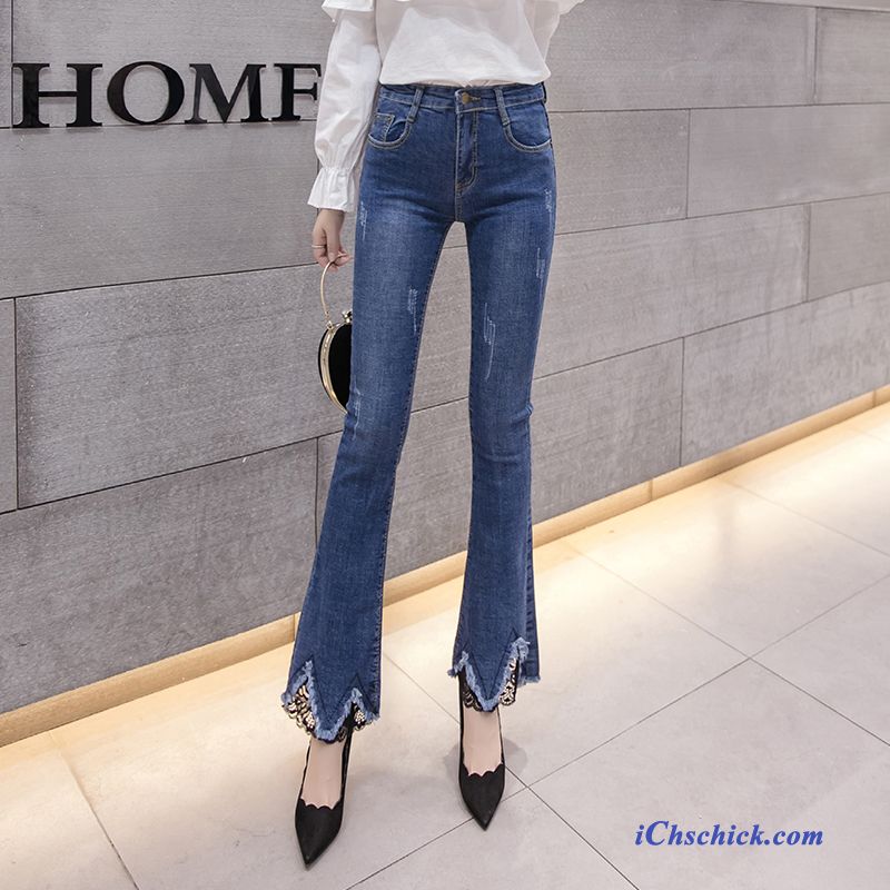 Bekleidung Jeans Damen Rand Neunte Hose Leicht Hohe Taille Dunkelblau Kaufen