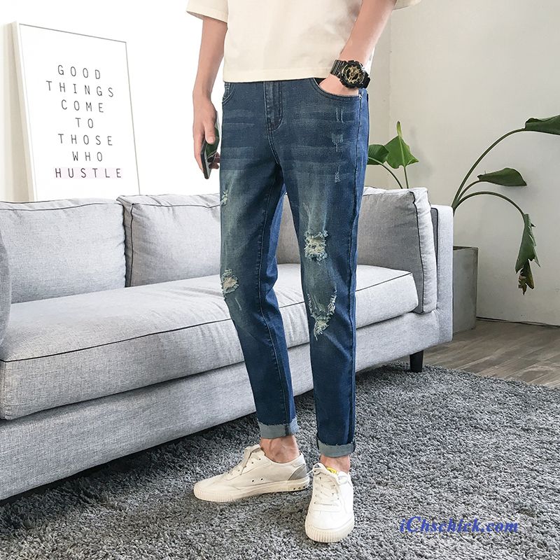 Bekleidung Jeans Dünn Trend Elastisch Löcher Neue Produkte Blau Kaufen