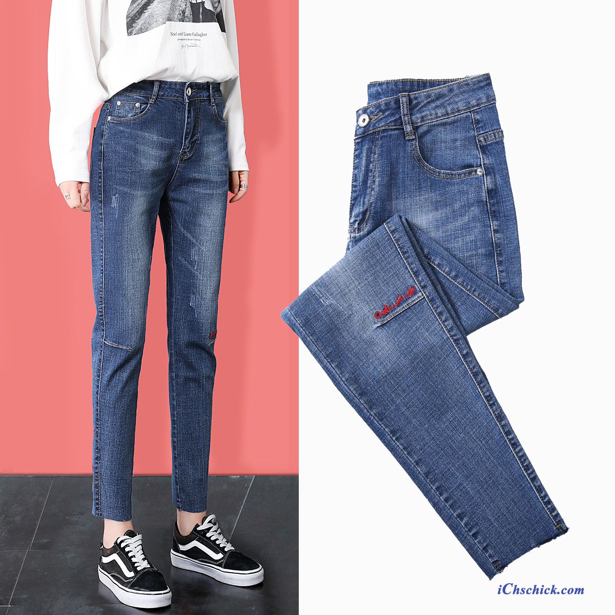 Bekleidung Jeans Gerade Stickerei Hohe Taille Damen Herbst Blau Rot Online