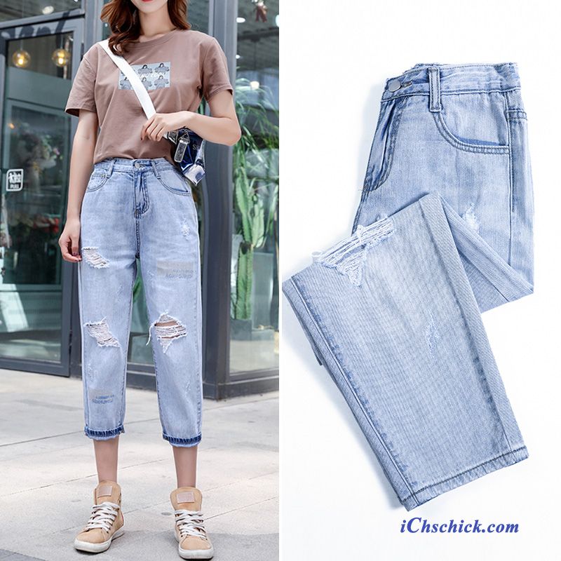 Bekleidung Jeans Große Größe Lose Sommer Damen Löcher Hellblau Discount