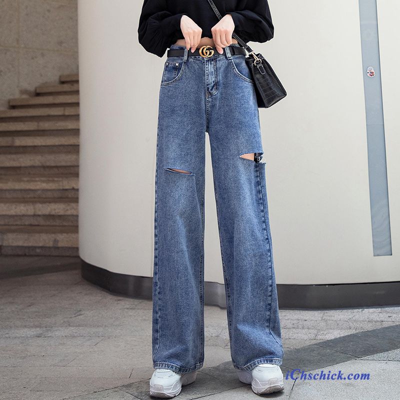 Bekleidung Jeans Herbst Weites Bein Gerade Damen Hohe Taille Dunkelblau Günstige