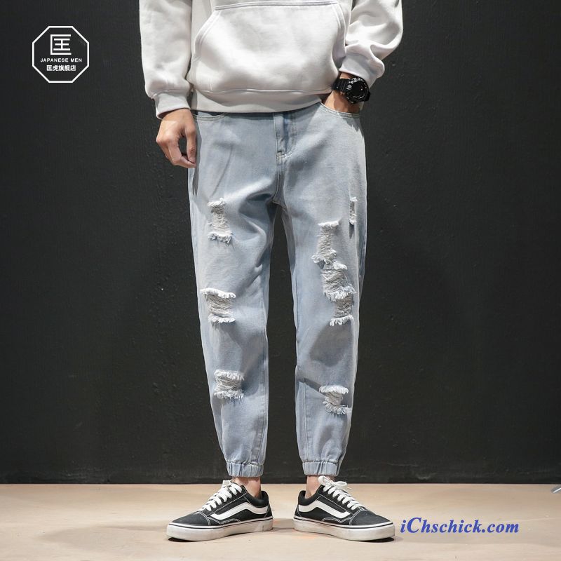Bekleidung Jeans Herren Neunte Hose Löcher Trend Trendmarke Blau Verkaufen