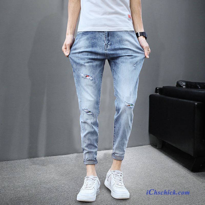 Bekleidung Jeans Herren Trend Trendmarke Löcher Elastisch Blau Hell Günstig