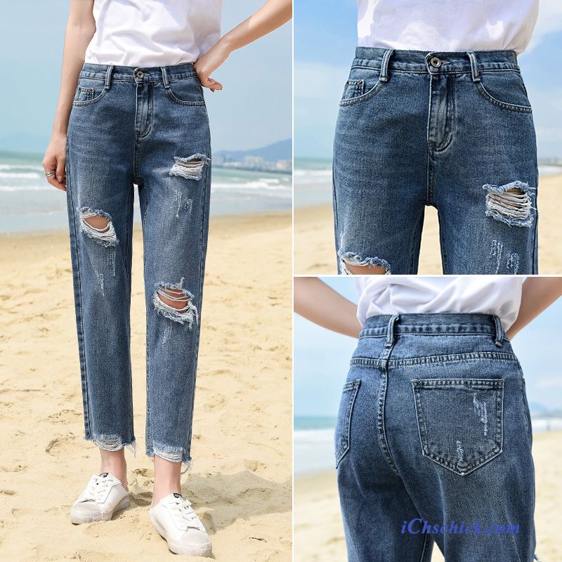 Bekleidung Jeans Löcher Sommer Dünn Hohe Taille Gerade Blau Online