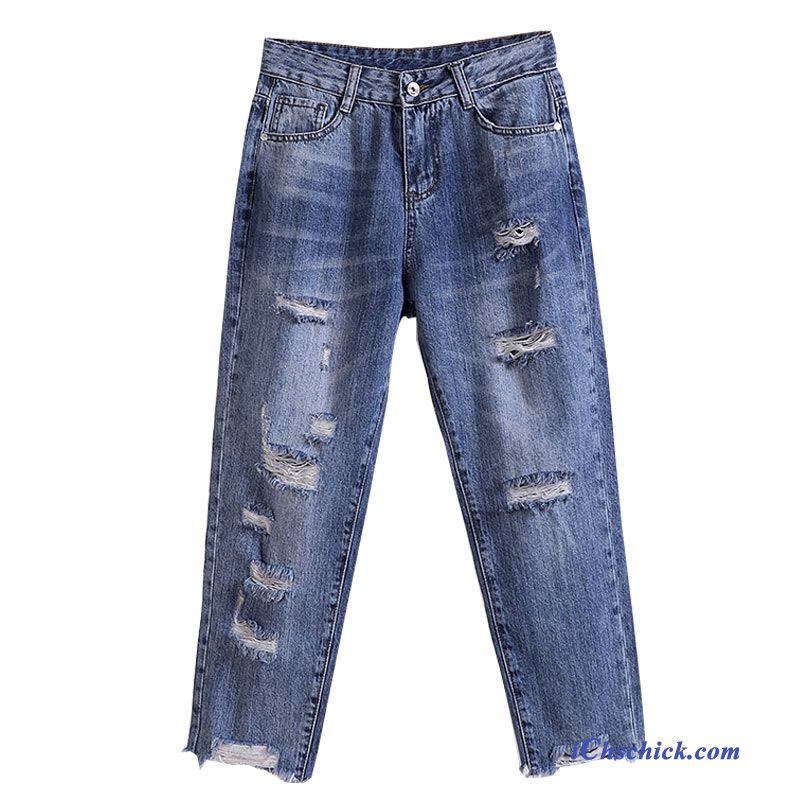 Bekleidung Jeans Löcher Trend Hohe Taille Damen Dünn Blau Rot Online