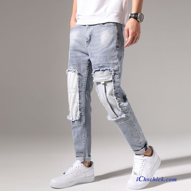 Bekleidung Jeans Patch Schlank Lange Allgleiches Schmales Bein Hellblau Günstige