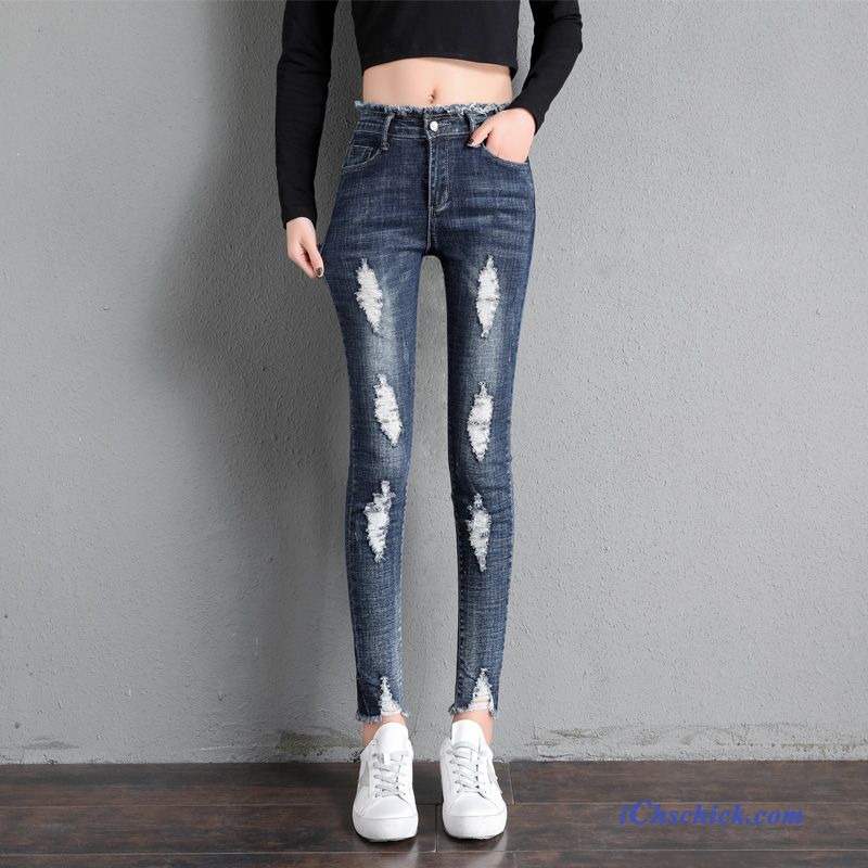 Bekleidung Jeans Sommer Dünn Damen Hohe Taille Trend Dunkelblau Rot Kaufen