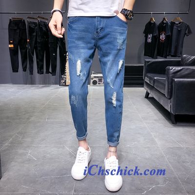 Bekleidung Jeans Trend Neu Schlank Löcher Herren Blau Online