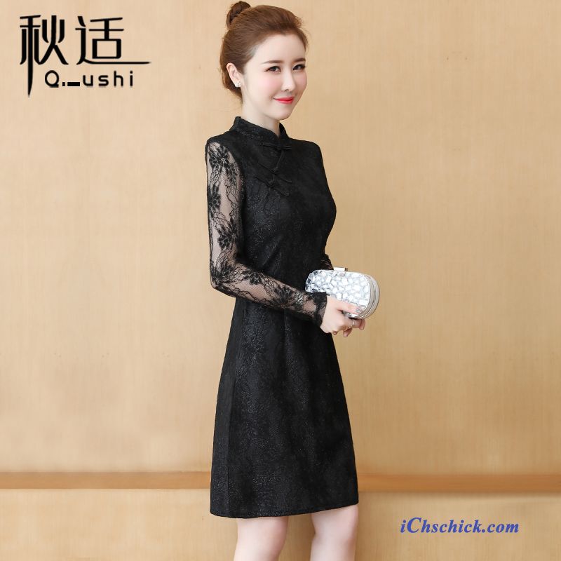 Bekleidung Kleider Feder Neu Chinesischer Stil Cheongsam Herbst Schwarz Günstig