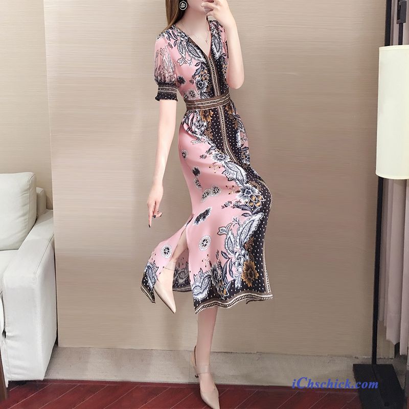 Bekleidung Kleider Sommer Chiffon Damen Neu Cheongsam Rosa Billige