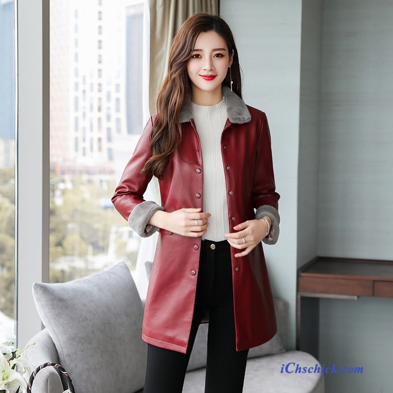 Bekleidung Lederjacke Damen Verdickung Herbst Baumwolle Mama Rot Billige