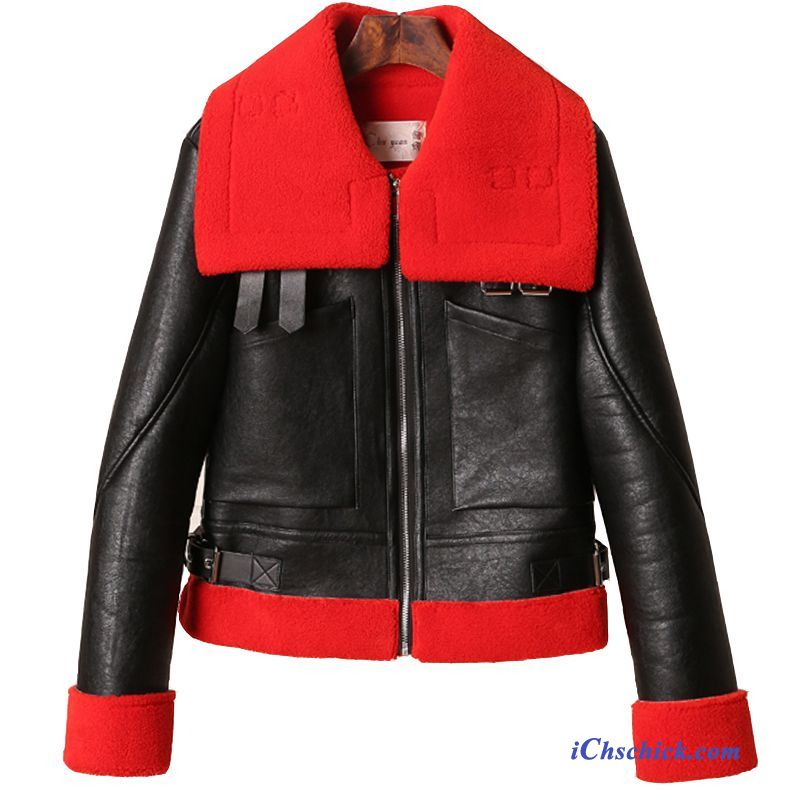 Bekleidung Lederjacke Kurzer Absatz Baumwolle Motorradbekleidung Neu Damen Schwarz Rot Geschäft