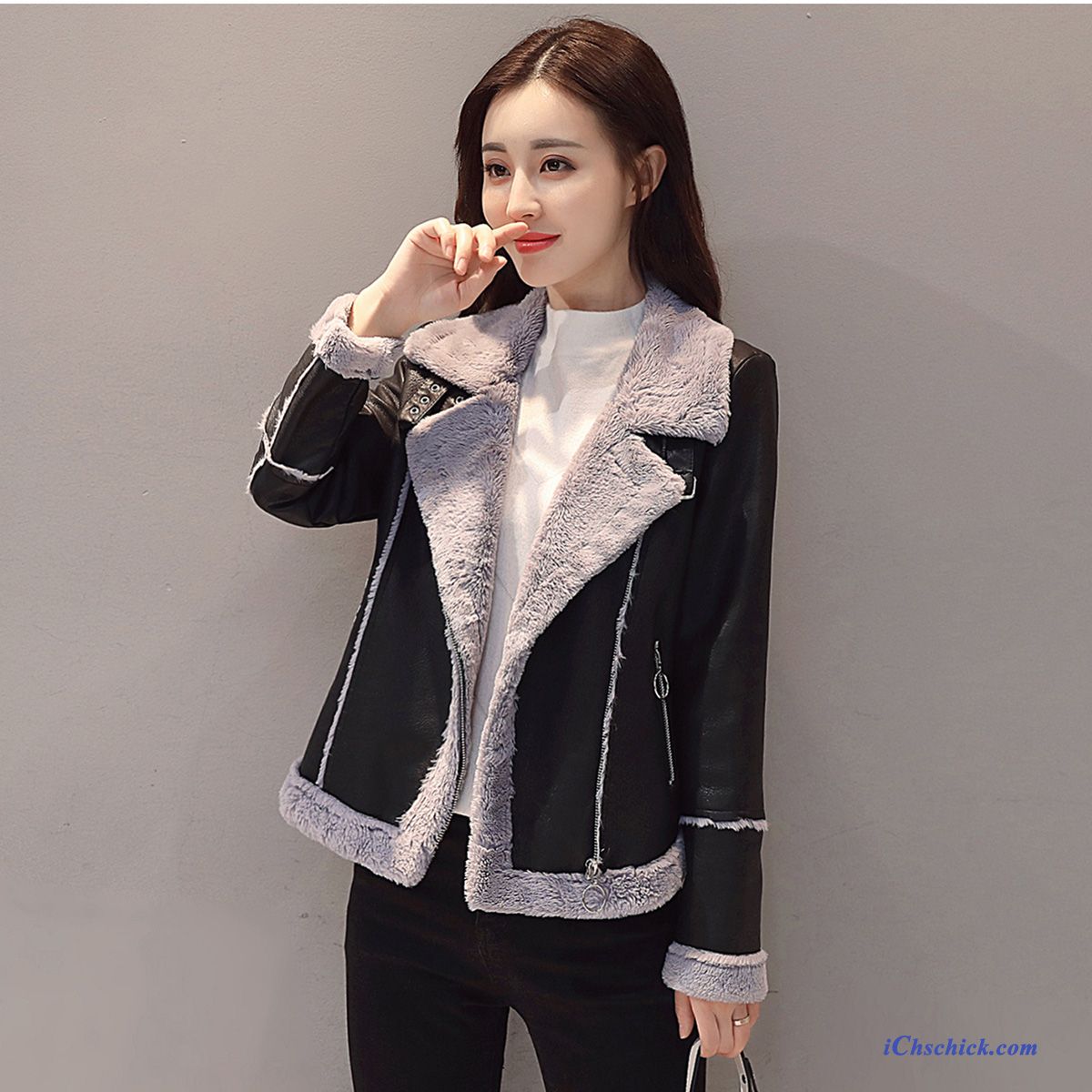 Bekleidung Lederjacke Kurzer Absatz Winter Dünn Mode Trend Grau Online