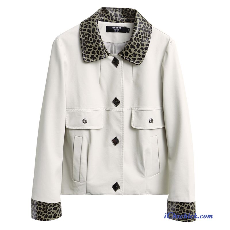 Bekleidung Lederjacke Leopard Neu Herbst Damen Kurzer Absatz Weiß Beige Verkaufen