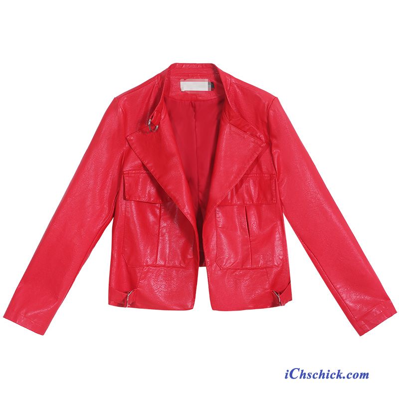 Bekleidung Lederjacke Mode Kurzer Absatz Mantel Überzieher Damen Rot Bestellen