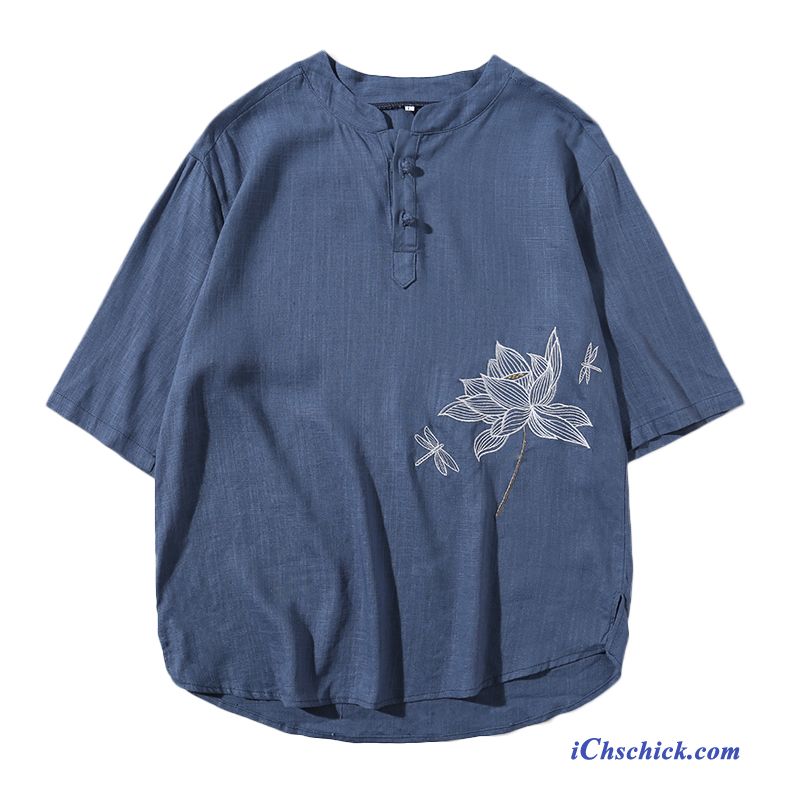 Bekleidung T-shirts Chinesischer Stil Halb Ärmel Kleider Dünn Trendmarke Blau Sale