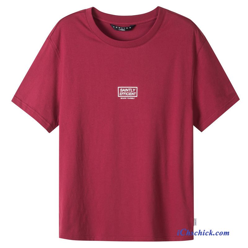 Bekleidung T-shirts Mantel Rein Neu Lose Rundausschnitt Rot Discount