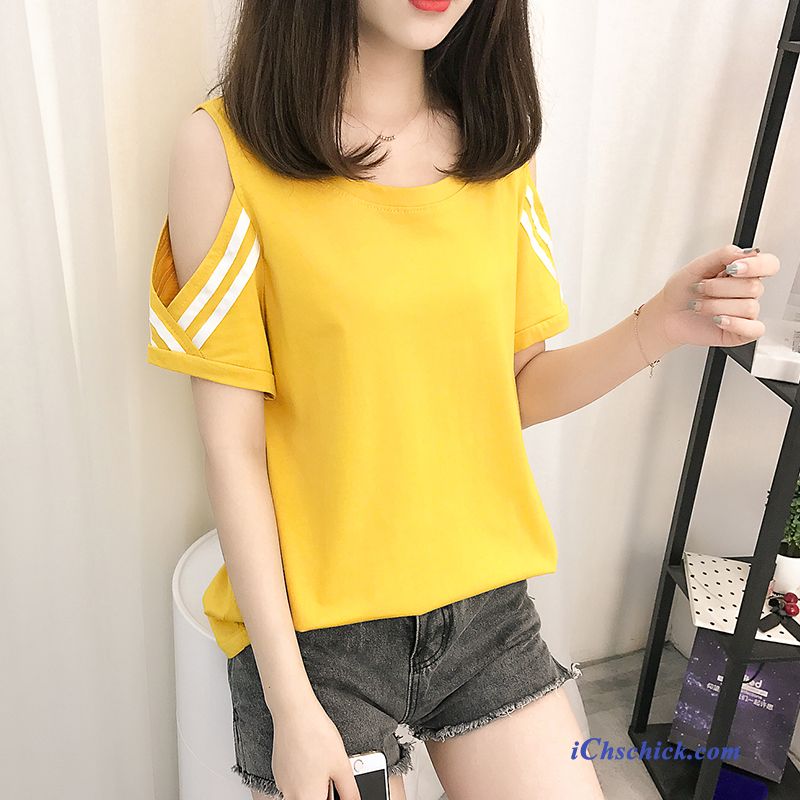 Bekleidung T-shirts Streifen Hülse Damen Ultra Neu Gelb Günstig