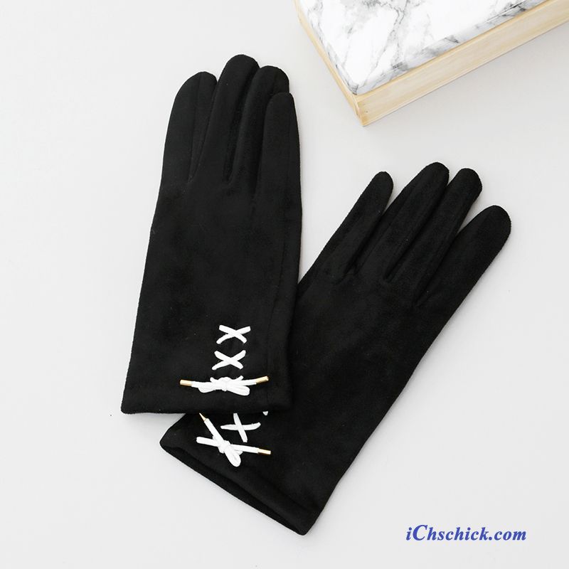 Damen Handschuhe Samt Winter Warm Halten Süß Dicke Schwarz Billige