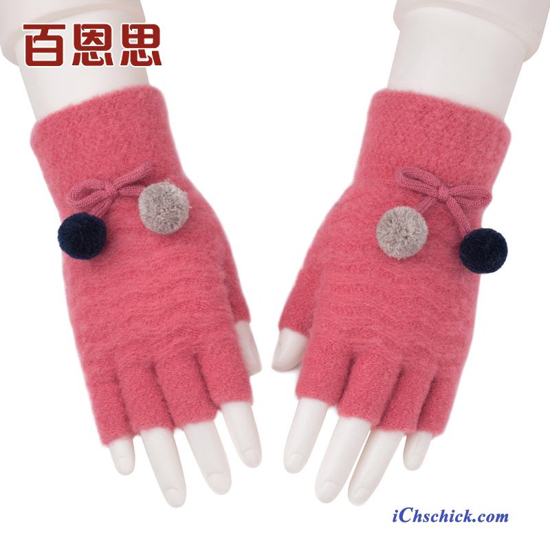 Damen Handschuhe Warm Halten Pelzball Winter Student Wolle Rot Kaufen