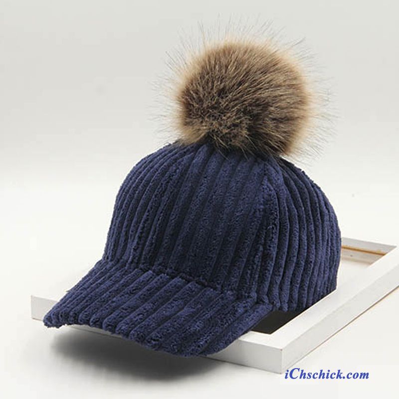 Damen Hüte / Caps Streifen Winter Mode Pelzball Trend Marineblau Online