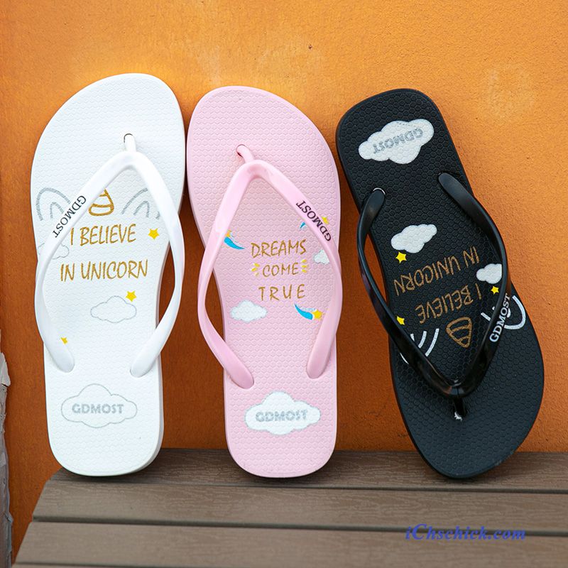 Schuhe Flip Flops Damen Dicke Sohle Einfach Schüler Flache Sandfarben Schwarz Billig