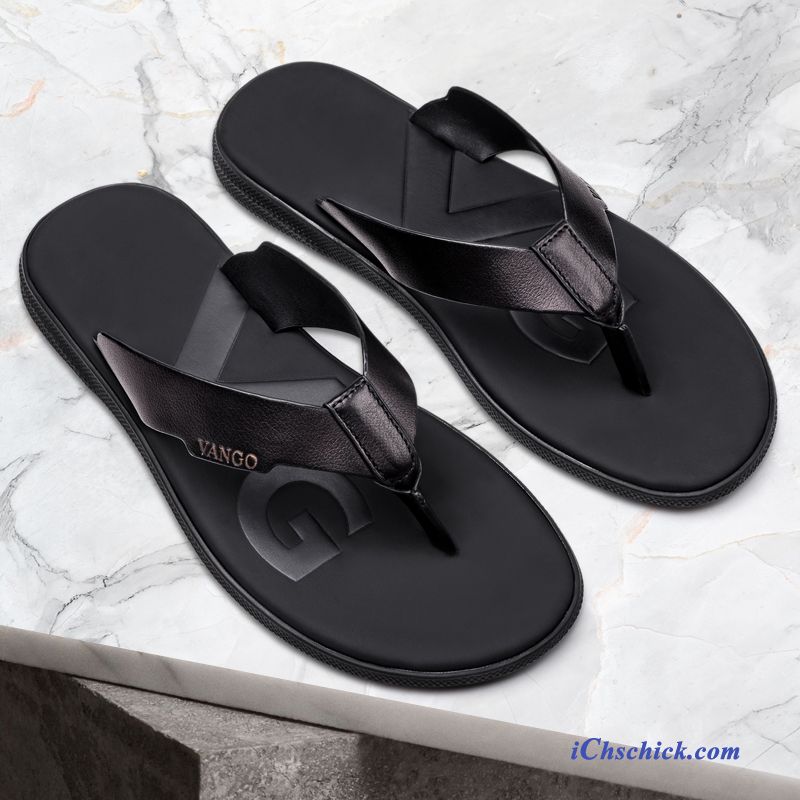 Schuhe Flip Flops Rutschsicher Draussen Casual Neue Echtleder Sandfarben Schwarz Billig