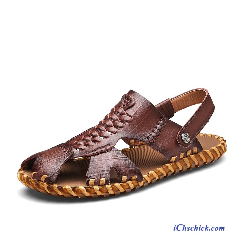 Schuhe Sandalen Pantolette Casual Leder Outwear Echtleder Sandfarben Braun Billig