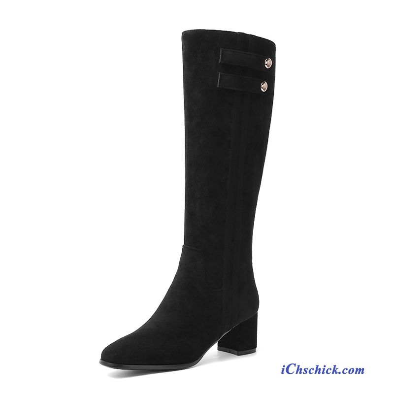 Schuhe Stiefel Dick Niet Retro Damen Hoch Schwarz Billige